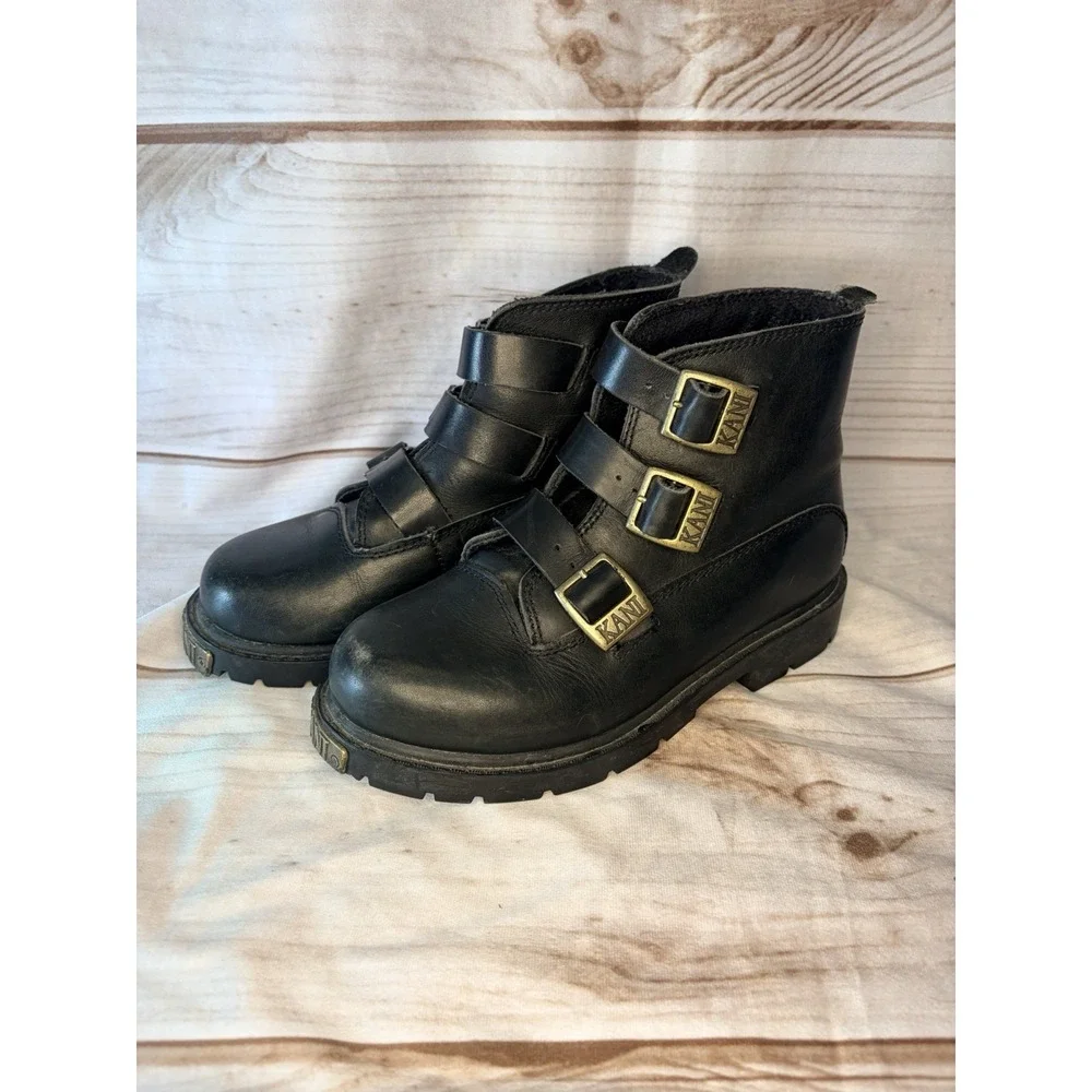 Karl Kani‎ Vintage Leather Ankle Motorcycle Lugged Biker Boots Black Men4 W 5.5
